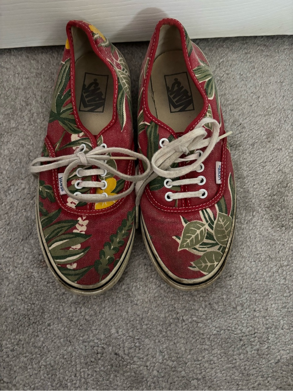Vans Red Floral Canvas Authentic Sneakers with Green Leaf Print